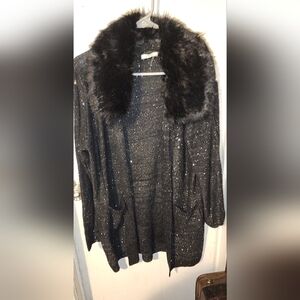 Sioni Black Shimmer Coat with Removeable Faux Fur Collar Size L/XL